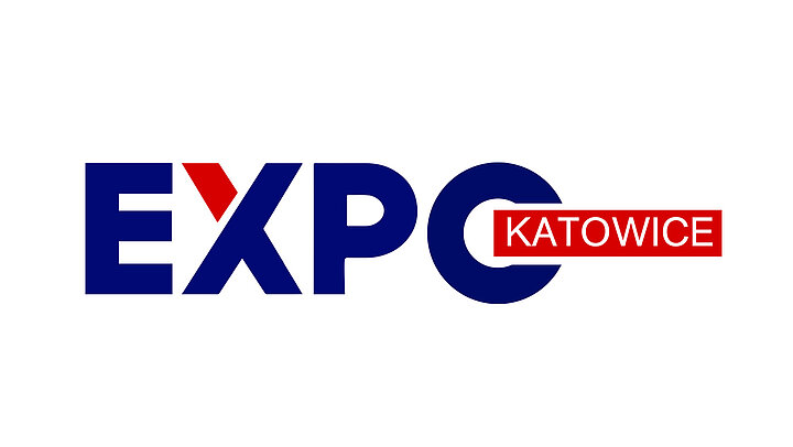 Dark blue word "EXPO". The second, red word "KATOWICE" placed inside the letter "O".